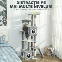PawHut Arborele pentru Pisici cu Căsuțe, Rampe, Stinghie și 4 Mingi, Gri(m-4)