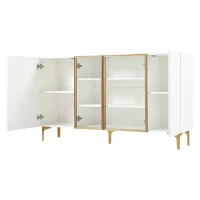 Credenza 4-ante con vetro & metallo, ampio spazio di archiviazione, 150x38x85 cm, Bianco(m-9)
