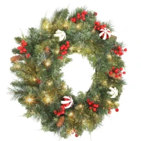 HOMCOM Couronne de Noël lumineuse 60 cm avec 50 LED, minuterie, 146 pointes, pommes de pin, baies, boules décoratives, vert(m-1)