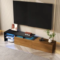 Mobile TV con illuminazione LED, spazio di archiviazione e ripiani in vetro, 170x33x33,5 cm, Nero+Colore naturale(m-1)