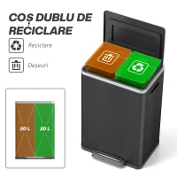 HOMCOM Coș de Gunoi cu 2 Secțiuni cu Pedală de 20L din Oțel și PP Negru(m-4)