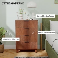 HOMCOM Commode 4 tiroirs meuble de rangement style moderne avec poignées en métal, 60 x 36 x 90 cm, effet bois marron(m-5)