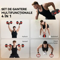 SPORTNOW Set Greutăți de Sală 4 în 1 de 30kg, Convertibil în Kettlebell, 2 Gantere, Haltere și Suport pentru Flotări, Roșu(m-4)