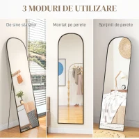 HOMCOM Oglindă de Podea și Perete Modernă din Aliaj de Aluminiu cu Suport Pliabil, 50x170 cm, Neagră(m-7)