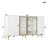Credenza 4-ante con vetro & metallo, ampio spazio di archiviazione, 150x38x85 cm, Bianco(m-3)