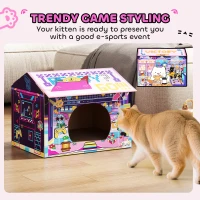 PawHut 2 in 1 Gaming Style Cardboard Cat House with Scratching Board & Catnip for Indoor Cats, Pink(m-4)