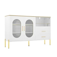 Credenza con 2 cassetti e 2 ante in vetro, ampio vano contenitivo, 140x38x90 cm, Bianco(m-12)