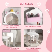 ZONEKIZ Tocador Infantil con Taburete y Espejo Tocador para Niñas con Cajón Compartimentos Diseño de Unicornio Blanco(m-6)