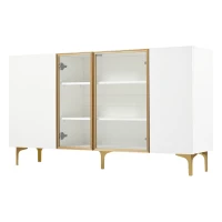 Credenza 4-ante con vetro & metallo, ampio spazio di archiviazione, 150x38x85 cm, Bianco(m-2)