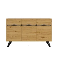 Credenza 3-ante con gambe in metallo, Ampio spazio contenitivo, 140x40x75,5 cm, Colore naturale(m-2)