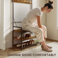 HOMCOM Suport de Haine de Intrare cu Bară, Cârlige, Bancă și Raft pentru Încălțăminte Maro și Negru(m-6)