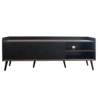 Mobile TV con 2 cassetti, ante scorrevoli a righe e gambe in legno robuste, 160x40x58 cm, Nero(m-10)