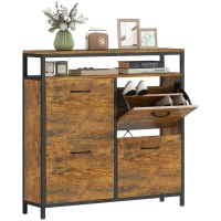 HOMCOM Shoe Storage Cabinet with 4 Flip Drawers and Open Shelf - Rustic Brown(m-10)