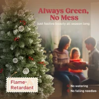 HOMCOM Brad de Crăciun Înnzăpezit Înalt de 150 cm cu 398 Ramuri, Brad Artificial de Interior cu Conuri și Boabe Roșii Decorative, Bază Metalică, Verde(m-4)