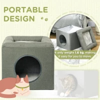 PawHut Căsuță pentru Pisici cu 2 Nivele și Pernă din Pluș, din Lemn, Poliester și Plastic, 36.5x36.5x33 cm, Verde(m-6)