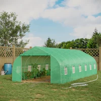 Outsunny Serre de jardin tunnel grande taille avec bâche PE cadre en acier porte enroulable et 12 fenêtres 8 x 3 x 2 m vert(m-10)