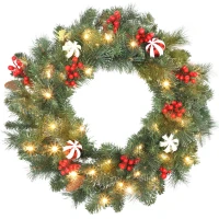 HOMCOM Couronne de Noël lumineuse 60 cm avec 50 LED, minuterie, 146 pointes, pommes de pin, baies, boules décoratives, vert(m-11)