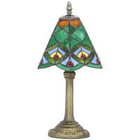HOMCOM Tiffany-Style Table Lamp with Geometric Patterns, Handcrafted Antique Stained Glass Bedside Lamp for Living Room and Bedroom, E27 Socket, Green(m-11)