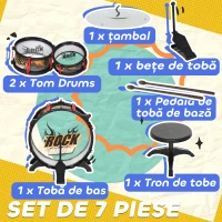 AIYAPLAY Set Tobă de Jucărie pentru Copii cu Scaun, Joc Muzical pentru Copii 3-6 Ani, Negru(m-5)