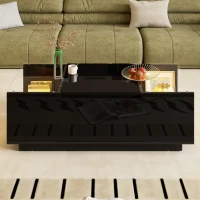 Tavolino da salotto con vano contenitore, illuminazione LED d'atmosfera, piano in vetro e 2 cassetti, 105x50x35 cm, Nero(m-4)