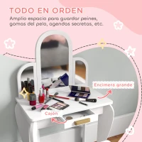 HOMCOM Tocador para Niños con Espejo y Taburete Tocador Infantil Tocador de Maquillaje para Niña de 3 a 6 Años con Cajón Blanco(m-5)
