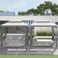 Outsunny 3 Seater Convertible Swing Chair, Outdoor Gazebo Swing Seat Bed with Double Tier Canopy, Cushioned Seat, Mesh Sidewalls, Light Grey(m-4)