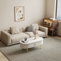 Tavolino da salotto con 2 cassetti, angoli arrotondati, maniglie e gambe dorate, 108x50x40 cm, Bianco(m-5)