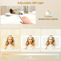 HOMCOM Stație de Machiaj în Formă de L sau Alăturată cu Lumini LED Reglabile, 3 Culori, Toaletă de Machiaj cu Prize Electrice, Sertare Soft Close, Oglindă, Rafturi, pentru Dormitor, Alb(m-5)