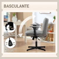 HOMCOM Silla de Oficina Piernas Cruzadas con Reposabrazos Abatible Asiento Ancho sin Ruedas Altura Ajustable Giratoria Gris(m-6)