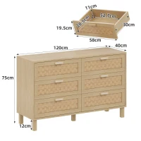 Credenza con sei cassetti in rattan, versatile armadio per la camera da letto con ampio spazio contenitivo, 120x40x75 cm, Colore naturale(m-3)