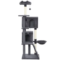 PawHut 160cm Large Cat Tree Tower with Sisal Scratching Posts, Condos, Plush Perches, Hammock, Ladder, Dark Grey(m-11)