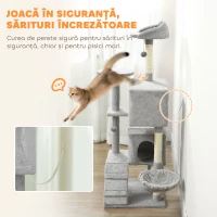 PawHut Ansamblu de joacă pentru pisici cu 2 căsuțe, hamac, culcuș și stâlpi din sisal, 48x48x160 cm, gri(m-6)