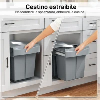 HOMCOM Pattumiera Estraibile Sottolavello per Differenziata con 2 Secchi da 20L, 52x33.5x41 cm, Grigio(m-4)