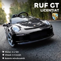 AIYAPLAY Mașină pentru Copii 3-5 Ani cu Licență Oficială RUF GT, Telecomandă, Centură de Siguranță și Muzică, Negru(m-4)