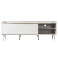 Mobile TV con 2 cassetti, ante scorrevoli a righe e gambe in legno robuste, 160x40x58 cm, Bianco(m-10)