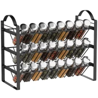 HOMCOM Suport pentru Condimente de Bucătărie cu 3 Rafturi Înclinate din Metal Negru(m-11)