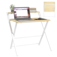 HOMCOM Mesa de Estudio Plegable con Estante Superior Estilo Moderno para Sala Oficina Dormitorio 81,5x70x84 cm Natural y Blanco(m-10)