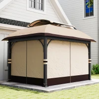 Outsunny Pavillon de jardin, 3,3 x 4 m tente de jardin avec rideaux en filet, toit à deux niveaux, revêtement en similicuir, structure métallique, Kaki(m-5)