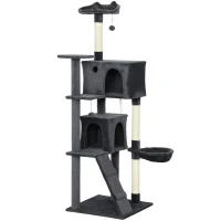 PawHut 180cm Large Cat Tree Tower with Sisal Scratching Posts, Condos, Plush Perches, Hammock, Ladder, Dark Grey(m-1)
