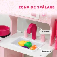 AIYAPLAY Bucătărie de Jucărie pentru Copii 3+ Ani cu Microonde, Plită și Chiuvetă, din Lemn, 55x24x86 cm, Roz(m-7)