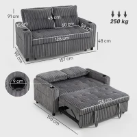 HOMCOM 2 Seater Click Clack Sofa Bed with Pull Out Design, Corduroy Upholstery - Charcoal Grey(m-3)