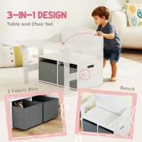 AIYAPLAY 3 in 1 Kids Storage Bench, Convertible Children Table and Chair Set with 2 Fabric Bins, Toy Storage Box, White(m-4)