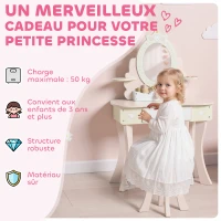 AIYAPLAY Coiffeuse enfant fille table de maquillage 2 en 1 avec 7 accessoires de jeu miroir en acrylique 59,8x29,6x89,8cm rose(m-8)
