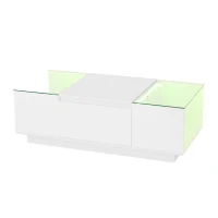 Masă de cafea cu spațiu de depozitare, iluminare ambientală LED, blat din sticlă și 2 sertare, 105x50x35 cm, Alb(m-11)