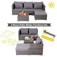 Outsunny 3 Pieces Rattan Garden Furniture Sofa Set, 4 Seater Garden Corner Sofa with 5-Level Reclining Sun Lounger and Storage Coffee Table, Outdoor Furniture Conservatory Set with Cushions, Grey(m-5)