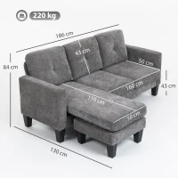 HOMCOM Sofá Chaise Longue Sofá em Forma de L Estofado em Poliéster Sofá de Canto Reversível 186x130x84 cm Cinzento Escuro(m-3)