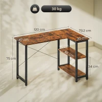 HOMCOM L Shaped Desk, Corner Computer Desk with Bookshelf for Home Office, Study Room, Workstation, 120 x 73.2 x 75cm, Rustic Brown(m-3)