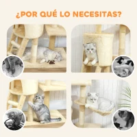 PawHut Árbol Rascador para Gatos Altura 134 cm con 6 Postes 3 Plataformas Cueva Hamaca Escalera 4 Juguetes Colgantes Beige(m-8)