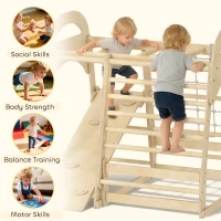 AIYAPLAY 6 in 1 Kids Climbing Frame with Slide, Monkey Bars, Gymnastics Rings, Ladder, Climbing Net, for 3-6 Years, Natural Tone(m-5)
