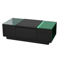 Tavolino da salotto con vano contenitore, illuminazione LED d'atmosfera, piano in vetro e 2 cassetti, 105x50x35 cm, Nero(m-10)